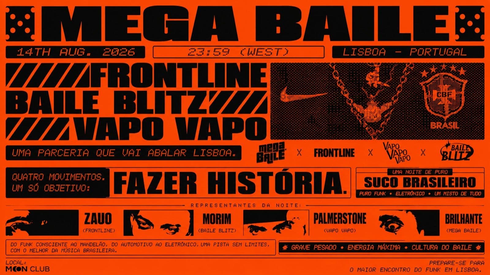 Orange Mega Baile poster, with the DJ line-up and the Moon Club logo